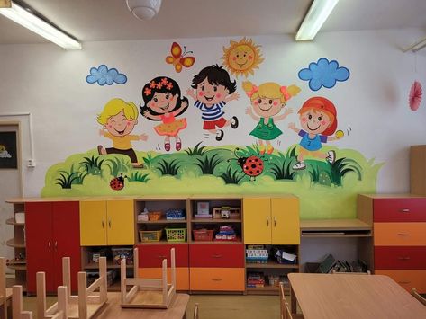 Kindergarten Mural Painting, Kindergarten Wall Painting Ideas, School Wall Art Ideas Paint, Cartoon Wall Painting Ideas, School Wall Art Ideas, School Wall Decoration, Cartoon Wall Painting, Kindergarten Interior, Preschool Designs