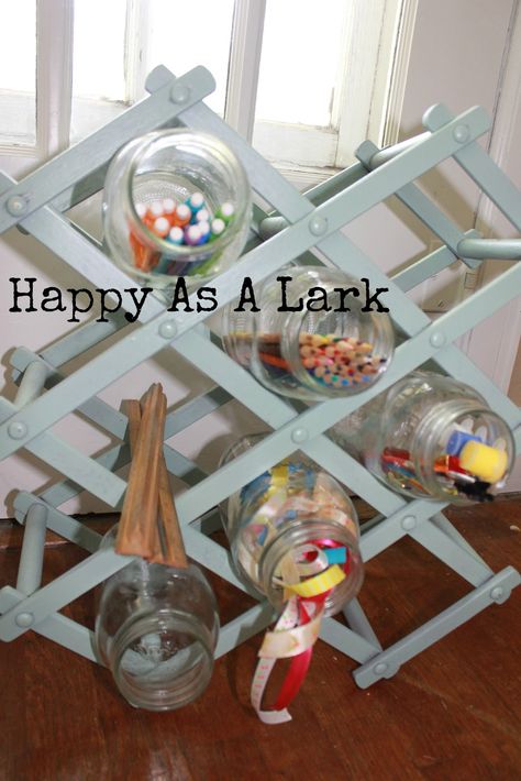 Happy As A Lark: Re-purposed Wine Rack Vintage Wine Rack Repurpose, Repurposed Wine Rack, Studio Decorating, Layering Carpet, Vintage Wine Rack, Eyfs Classroom, Kids Shelves, Storage Decor, Metal Wine Rack