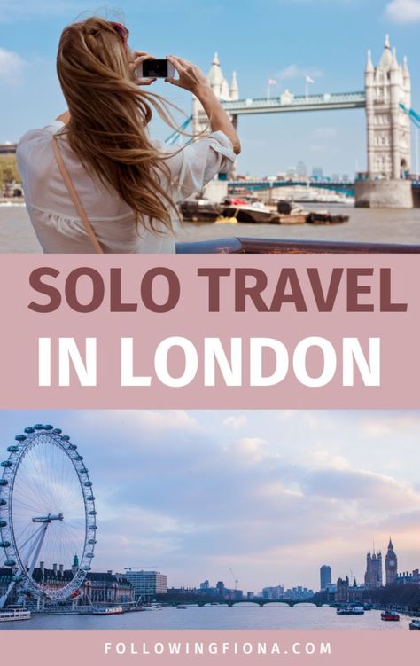 Top image of a woman with light brown hair taking a photo of Tower Bridge in daytime. Lower image shows the London Eye ferris wheel on the left side of the River Thames with Big Ben in the distance on the right side of the image. London Where To Stay, Best Place To Stay In London, London Solo Female Travel, Must See London Sights, Cheap Solo Female Travel, Travel Guide London, Solo Female Travel, Practical Advice, Uk Travel