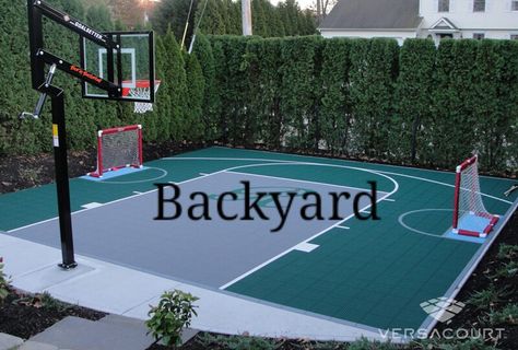 Basketball, volleyball, and soccer court/field all in one! Basketball Court Pictures, Diy Basketball Court, Outdoor Sports Court, Backyard Court, Home Basketball Court, Diy Basketball, Basketball Court Backyard, Backyard Sports, Backyard Basketball