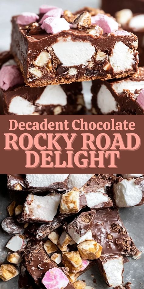 This Decadent Chocolate Rocky Road Delight is a sweet and indulgent treat packed with marshmallows, nuts, and rich chocolate! 🍫🍬 Perfect for parties, holidays, or just satisfying your sweet tooth, this rocky road recipe is easy to make and guaranteed to be a crowd-pleaser.

📌 Save this pin to create an irresistible chocolate rocky road delight for your next dessert!
#RockyRoadDelight #ChocolateDesserts #SweetTreats #EasyBaking #PartyFood #IndulgentSnacks Rocky Road Fudge Bars, Best Rocky Road Recipe, Healthy Rocky Road, Rocky Road Brownies Recipe, Bakesale Ideas, Easy Rocky Road, Crunch Bars Recipe, Rocky Road Bars, Rocky Road Brownies