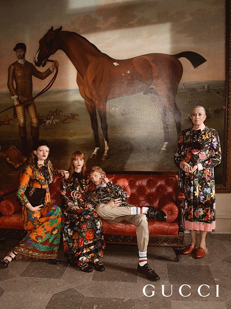 A tableau of looks, including the new Flora print in dresses by Alessandro Michele from the Gucci Cruise 17 collection captured in the campaign starring Vanessa Redgrave. The image shows an ornate room of Chatsworth House. Gucci Ad, Gucci Campaign, Gucci Cruise, Vanessa Redgrave, Chatsworth House, Flora Print, Guccio Gucci, Gucci Designer, Fashion Cover