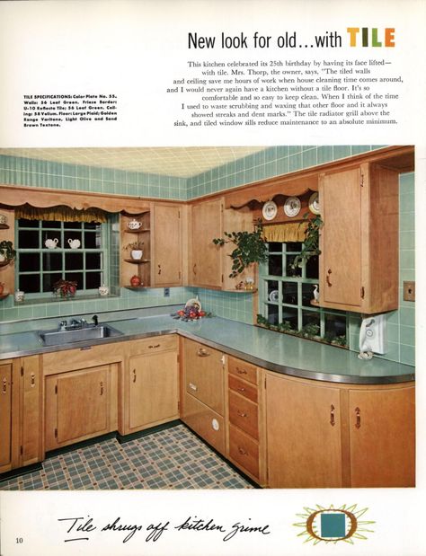 New ideas in tile : American Olean Tile Company : Free Download, Borrow, and Streaming : Internet Archive 1950s Kitchen Cabinets, 1950 Kitchen, Vintage 1950s Kitchen, 50s Kitchen, Old Fashioned Kitchen, 1950s Kitchen, Kitchen Tiles Design, Tile Countertops, Kitchen Wall Tiles