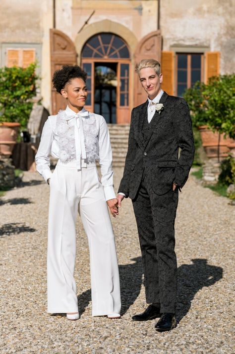 "Queer Romance" Led This Tuscan Autumnal Wedding's Aesthetic - Over The Moon Queer Weddings Outfit, Gender Neutral Black Tie Outfit, Gender Fluid Wedding Attire, Masc Wedding Dress, Queer Cocktail Attire, Queer Wedding Suit, Androgynous Wedding Dress, Butch Wedding Attire, Masc Lesbian Wedding Outfit