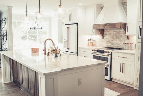 Copper Kitchen   Copper Accents  White Kitchen  Farmhouse  Remodel GE Cafe Copper Fixtures Kitchen, White Kitchen Copper Accents, White Kitchen With Copper Accents, Kitchen Farmhouse Remodel, Copper Accent Kitchen, Kitchen Copper Accents, Copper Accents Kitchen, White Copper Kitchen, White And Copper Kitchen