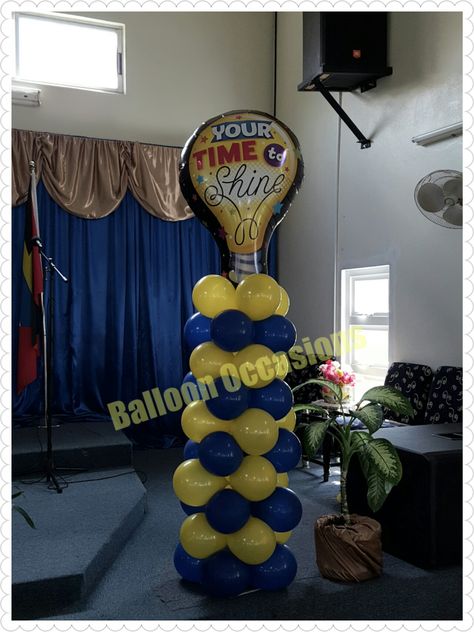 Light bulb balloon column Light Bulb Balloons, Academic Awards, Balloon Backdrop, Balloon Columns, Backdrop Decorations, Grad Party, Theme Ideas, Grad Parties, Light Bulb