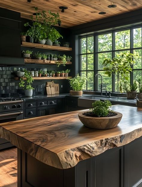 Dark Earthy Aesthetic, Kitchen Ideas Green, Kitchen Black Counter, Academia House, Forest Kitchen, Moody Interior Design, Adirondacks Ny, Mountain House Decor, Earthy Kitchen