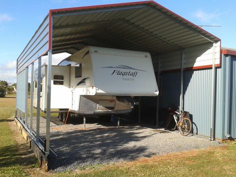 Small Caravan Shelter with standard side walls, Colorbond Basalt sheeting and Manor Red flashing Caravan Shelter, Colorbond Basalt, Small Caravans, Side Wall, Camper Trailers, Camper Van, Motorhome, Caravan, Awning