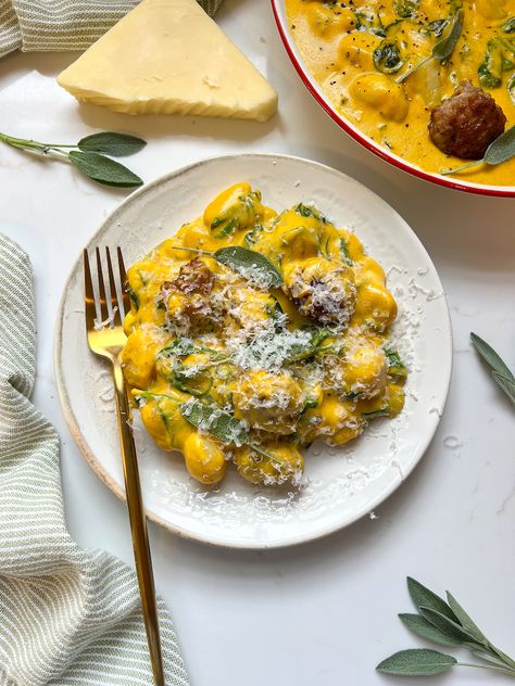 Pumpkin Gnocchi Recipes, Winter Salad Dressing, Bacon Cheddar Puffs, Gnocchi With Spinach, Pumpkin Gnocchi, Autumn Baking, Sausage Meatballs, Cozy Sunday, Sage Sausage