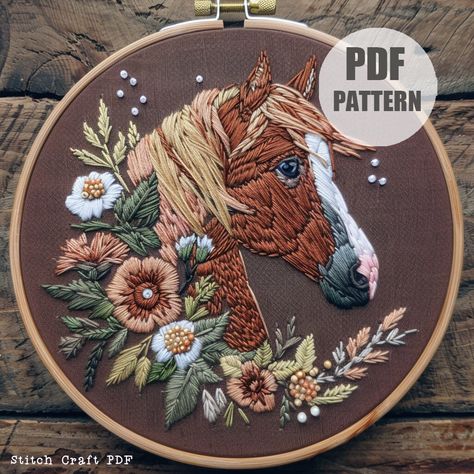 DESCRIPTION Let's stitch this beautiful hand embroidery pattern featuring a majestic horse surrounded by flowers. Perfect for your embroidery hoop, this instant download pattern is ideal for all stitching enthusiasts. YOUR DOWNLOAD INCLUDES: ~ Printable PDF pattern in 6 sizes: 3,4,5,6,7 and 8 inches, giving you the flexibility to adapt it to your projects. ~ Beginner's Guide - Hand Embroidery - Exclusive, Printable embroidery planner: with complete DMC color chart, Project tracker pages,Weekly a Hand Embroidery Animals, Horse Embroidery Patterns, Horse Embroidery Designs, Highland Cow Embroidery, Embroidery Horse, Cow Embroidery, Farm Embroidery, Tapestry Embroidery, Animal Embroidery Patterns