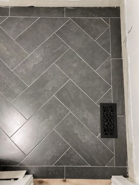 Small Half Bath Renovations, Large Herringbone Tile Floor, Grey Herringbone Tile Bathroom, Slate Herringbone Tile Floor, Grey Slate Bathroom, Tile With Border, Grey Bathroom Tile, Herringbone Tile Bathroom, Slate Bathroom