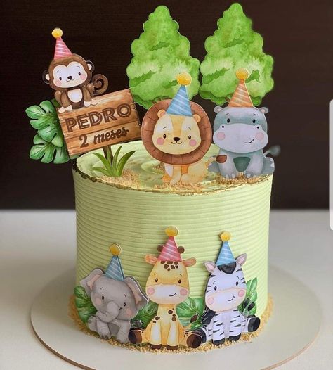 Jungle Safari Cake, Boys First Birthday Cake, Jungle Safari Birthday, Jungle Cake, Safari Cakes, Dog Birthday Cake, Jungle Birthday, Baby Birthday Cakes, Baby Shower Cake Topper