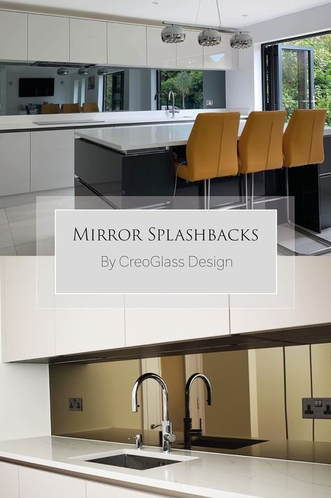 Toughened mirror kitchen splashbacks create a luxurious, spacious and light feeling kitchen. Mirrored Kitchen Splashback, Mirrored Kitchen, Mirror Kitchen, Glass Splashbacks Kitchen, Glass Splashbacks, Kitchen Splashbacks, Kitchen Glass, Kitchen Splashback, Glass Splashback