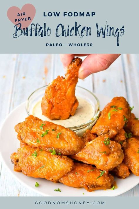 Crisp and spicy on the outside while tender and juicy on the inside, these low FODMAP Air Fryer Buffalo Chicken Wings will be a hit at your next party or game day gathering. #LowFODMAP, #Paleo, #Whole30, #lactosefree and #glutenfree. ~ Good Noms, Honey! ~ Low FODMAP Wings ~ Low FODMAP Air Fryer Recipes ~ Low FODMAP Buffalo Sauce ~ Low FODMAP Appetizer ~ Low FODMAP Keto Recipes ~ Low FODMAP Low Carb Recipes Low Fodmap Air Fryer, Low Fodmap Keto, Whole30 Chicken Wings, Recipes Low Fodmap, Low Fodmap Appetizers, Air Fryer Buffalo Chicken, Fodmap Recipes Dinner, Low Fodmap Chicken, Low Fodmap Recipes Dinner