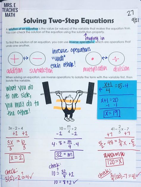 Solving Two-Step Equations interactive notebook page Solving Equations And Inequalities, Solving Two Step Equations Anchor Chart, Solving 2 Step Equations, Solving One Step Equations, Japanese Math, Solving Algebraic Equations, Algebraic Equations, Solving Multi Step Equations, Teaching Math Strategies