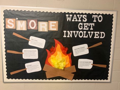 Campus engagement RA board “smore ways to get inolved board”. Smore and campfire themed College Fall Bulletin Boards, Smore Bulletin Board, Ra Bulletin Boards Fall, Ra Activities, Cafeteria Bulletin Boards, Ra Programming, September Bulletin Boards, Nurse Purse, Ra Inspiration