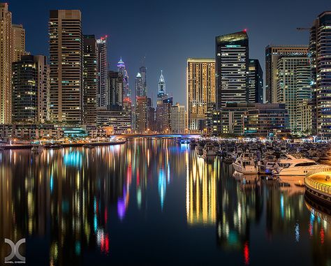 Dubai skyline Sleep City, Dubai Skyline, Reflection Pictures, City Project, City Skylines, Dubai Marina, Dubai United Arab Emirates, City Night, Dubai Life