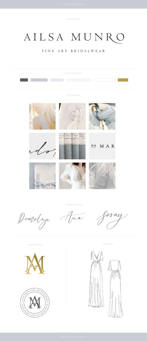 Feminine branding design and feminine web design for fine art wedding dress designer Ailsa Munro | Dusty blue colour palette | luxury logo design branding gold |  wedding business logo brand board Bridal Branding Logo, Fine Art Logo Design, Luxury Wedding Branding, Fine Art Branding, Bridal Logo Design, Dress Brand Logo, Art Wedding Dress, Wedding Business Logo, Wedding Planner Brand