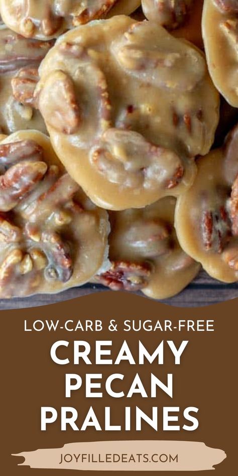 This Creamy Pecan Pralines recipe is just like the ones sold in New Orleans. I was thrilled to come up with a low-carb sugar-free version. To make pralines you basically make a caramel-type sauce, add the pecans, and let them set. It is easier than you think and my method doesn't even require a candy thermometer. Sugar Free Candy Recipes, Pecan Pralines Recipe, Sugar Free Low Carb Desserts, Pralines Recipe, Sugar Free Cookie Recipes, Sugar Free Desserts Easy, Praline Recipe, Low Carb Candy, Low Carb Holiday