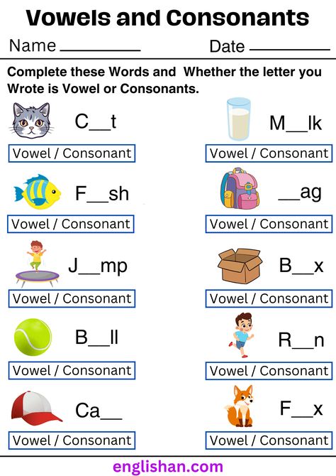 Vowel And Consonant Worksheet For Kindergarten, Vowels And Consonants Worksheets, English Kindergarten, Consonants And Vowels, Vowels And Consonants, Vowel Worksheets, Spelling Rules, English Test, 2nd Grade Worksheets