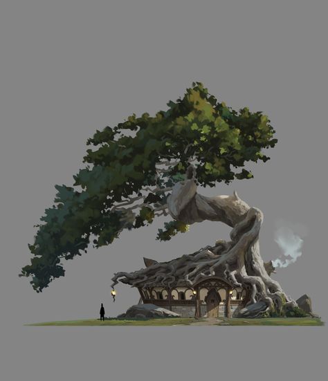 Trees Concept Art, Trees Reference, Tree Illustration Art, Tree Composition, Tree Reference, Concept Art Landscape, Fantasy Tree, Daily Sketch, Building Concept