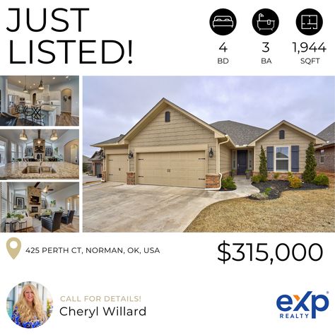 📣🏡 Just Listed! 🏡📣 425 Perth Ct, Norman, OK, USA 📍 4 BD |  3 BA | 1,944 SQFT | Offered for $315,000 Better than new 1 owner custom home in the much sought after Highland Village on a Quiet culdesac! Open floor plan great for entertaining. Offering a flexible floor plan with either 3 bedrooms and a study or 4 bedrooms and 3 full baths! The living room boasts a gas fireplace with floor to ceiling stacked stone and a row of windows offer much natural light. Kitchen has granite counters, built Natural Light Kitchen, Highland Village, Light Kitchen, Floor To Ceiling, Stacked Stone, Granite Counters, Real Estate Tips, Gas Fireplace, Open Floor