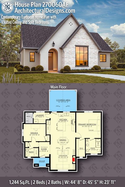 Modern Cottage House Plan 270060AF gives you 1200 square feet of living space with 2 bedrooms and 2 baths Art Deco House Floor Plan, Closed House Floor Plans, Small Luxury House Plans, Tudor House Floor Plans, Small House Layouts 2 Story, Small Home Layout Floor Plans, Modern Cottage Floor Plans, Starter Home Floor Plans, Closed Floor Plans