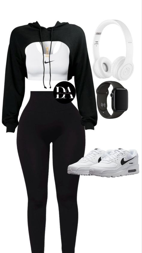 Rock your workout in this trendy and comfy athleisure look. Stay stylish and motivated! #athleisure #workout #beatsheadphones #fashion #nike #applewatch Sporty Chill Outfits, Nike Womans Outfits, Nike Sport Outfit Women, Outfits With Joggers Women, Outfits With Nike Shoes, Winter Gym Outfits For Women, Comfy Outfits Black Women, Casual Sport Outfits, Nike Joggers Outfit