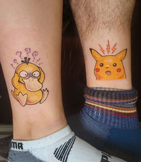 Had so much fun with these Pokémon for Beatrice and Tyler! Thanks for the trust! Psyduck Tattoo, Illustrative Tattoos, Matching Friend Tattoos, Mama Tried, Pokemon Pikachu, Friend Tattoos, Matching Tattoos, Anime Tattoos, Best Tattoo