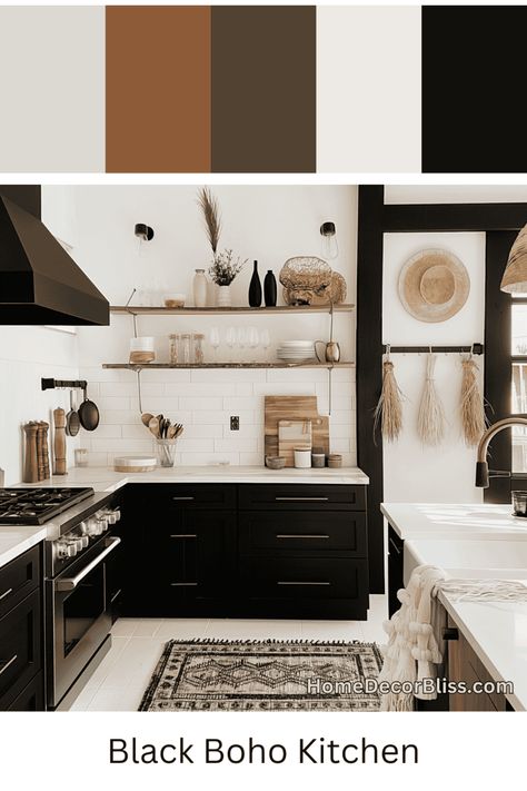 Black Boho Kitchen: Sleek Cabinetry and Natural Elements Black White Boho Kitchen, Black Boho Kitchen, Modern Bohemian Kitchen, Kitchen With Shelves, Wood Open Shelving, Black Cabinetry, Kitchen Concept, Natural Wood Kitchen, Contemporary Bohemian