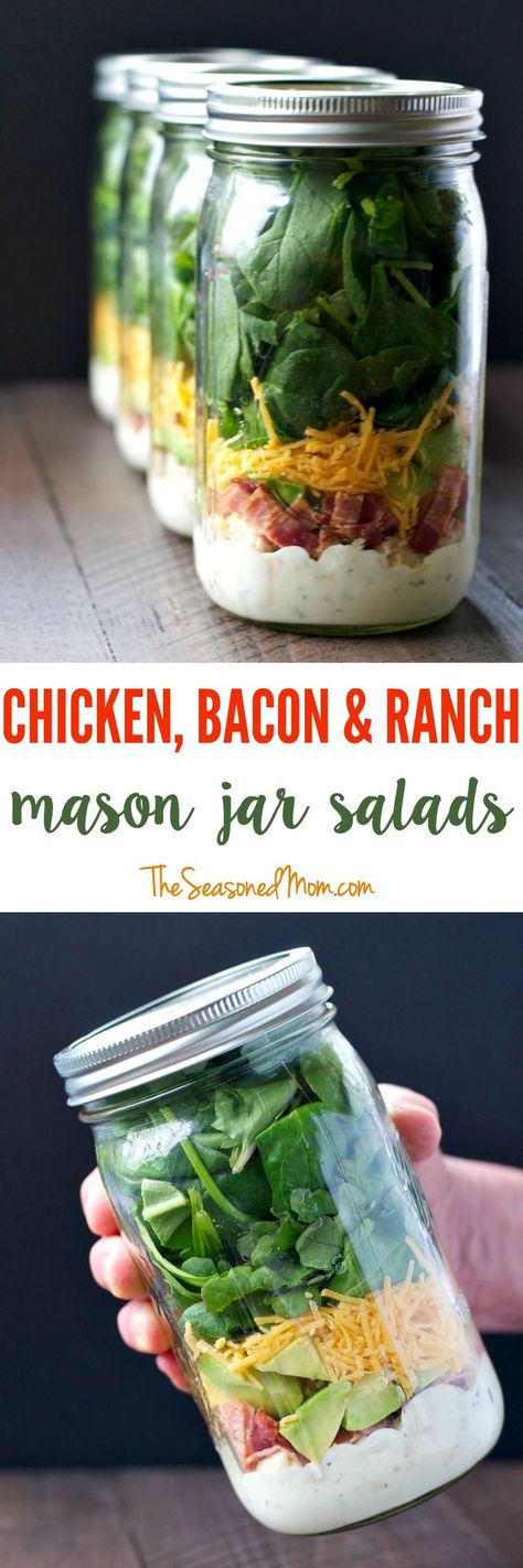 Layering ingredients in a jar is the most effective way to prepare a salad ahead of time and still keep everything fresh for days. Make these Chicken Bacon and Ranch Mason Jar Salads and you will have delicious and satisfying grab-and-go lunches ready and waiting for your busy week! Jar Lunches, Salads With Chicken, Salads In A Jar, Mason Jar Lunch, Mason Jar Food, Salad Jars, Spinach And Bacon, Salad Jar Recipe, Mason Jar Salads