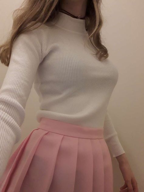 Turtle Neck, Skirt and Choker Turtle Neck With Skirt, Pink Pleated Skirt Outfit, White Turtle Neck, Pleated Skirt Outfit, Pink Pleated Skirt, Skirt Outfit, Pink Skirt, Cute Outfit, White Skirts