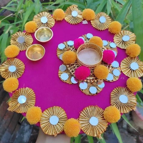 Mirror work pooja thali Order now Handmade Pooja Thali, Diy Aarti Thali Decoration, Pooja Thali Decoration Ideas At Home, Unique Aarti Thali Decoration Ideas, Pooja Thali Decoration Ideas, Roli Chawal Platter, Aarti Thali Decoration Ideas, Rakhi Thali, Arti Thali Decoration