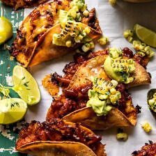 Bbq Chicken Tacos, Cilantro Garlic Sauce, Half Baked Harvest Recipes, Mexican Corn Salad, Charred Corn, Spicy Corn, Avocado Crema, Crispy Cheese, Corn Salsa