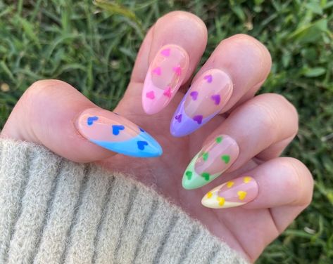 Dandelion Ombre Set Press on Nails Glitter Placement Alternating Ombre - Etsy Colorful Heart Nails, French Tips Different Colors, French With Color, Nail Art Inspo Simple, Pastel Heart Nails, Rainbow Heart Nails, Cute Nail Inspo Short, Pride Nails Short, Conversation Heart Nails