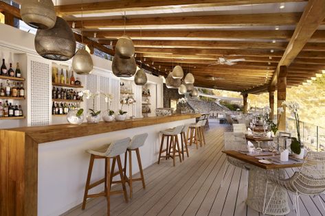 Greece Beach Bars – BayView Beach Restaurant & Bar, Santa Marina Resort & Villas, Mykonos | Beach Bar Bums Beach Restaurant Design, Mykonos Beach, Woods Restaurant, Marina Resort, Beach Restaurant, Greece Beach, Bar Inspiration, Resort Villa, Beach Bar