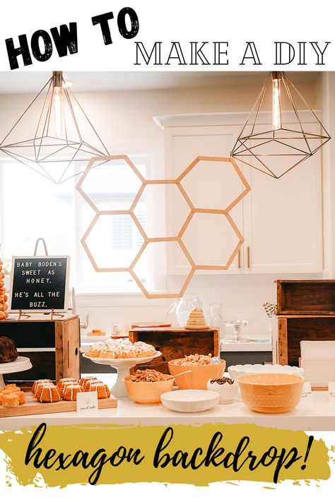 I made a DIY hexagon backdrop for a bee themed party. It was so easy, cheap and really cute! Check out this DIY to make your own! Hexagon Backdrop, Bee Birthday Theme, Bee Party Favors, Baby Party Themes, Diy Honeycomb, Honey Favors, Bumble Bee Birthday, Bee Theme Party, Bee Birthday Party