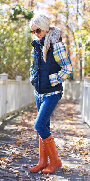 Navy Blue Rain Boots Outfit, Blue Rain Boots Outfit, L L Bean Outfits, Yellow Flannel Outfit, Orange Flannel Outfit, Rain Boot Outfit, Target Boots, Yellow Plaid Shirt, Navy Puffer Vest