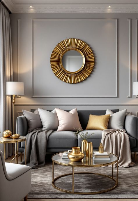 Grey Couch Living Room Gold Grey Living Room, Grey White And Gold Living Room, Gold And Grey Living Room, Gray And Gold Living Room, Grey And Gold Living Room, Grey Couch Living Room Ideas, Couch Living Room Ideas, Grey Couch, Grey Couch Living Room