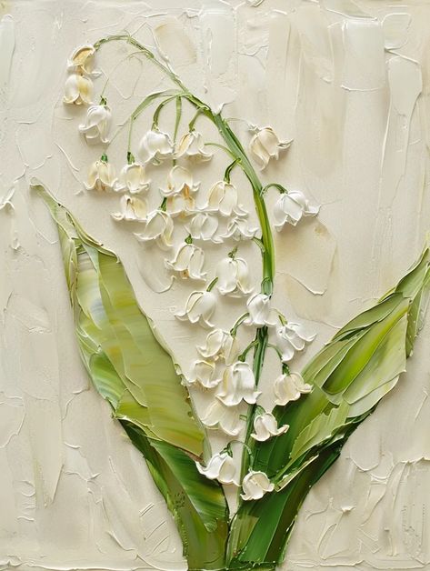 Midjourney AI Image: A thick impasto painting of a bunch of lily of the valley flowers, white hues, a stem with green lea... → more in ai-img-gen.com Valley Painting, Lily Of The Valley Flowers, Valley Flowers, Impasto Painting, Flowers White, White Lilies, Off White Color, Lily Of The Valley, The Valley