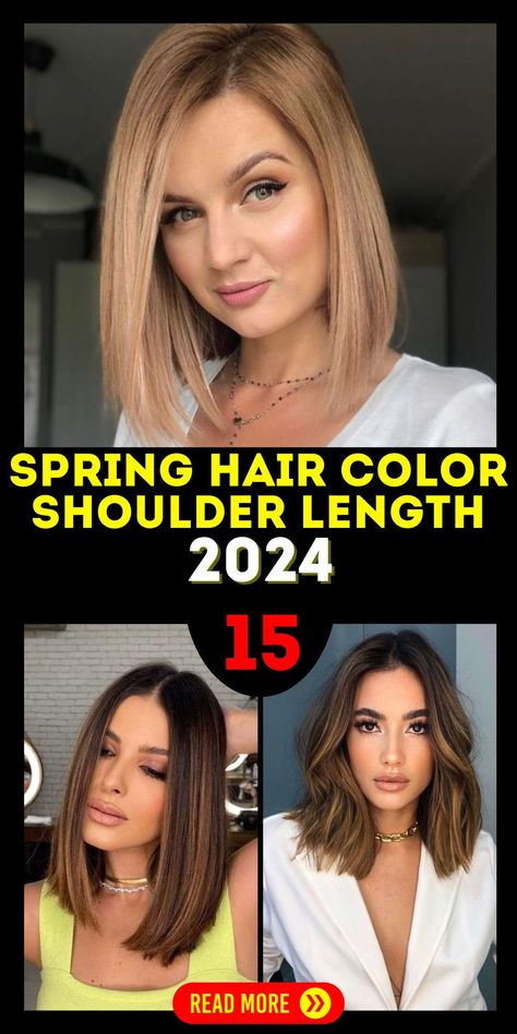 For spring 2024, shoulder-length hair embraces medium styles with effortless charm. Cuts with layers, whether straight or choppy, provide a fresh, modern look. Adding color, like subtle blonde or brown tones, can further enhance these hairstyles, making them a popular choice for those looking to order a new hairdo this season Hair Color Shoulder Length, Purple Hair Ideas, Spring Hair Color Trends, Spring Hair Trends, Warm Brunette, Spring Hair Color, Up Dos For Medium Hair, Medium Cut, Spring Hair