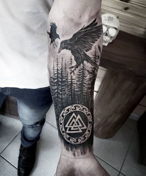 Looking for a tattoo style that will emphasize your masculinity? Then 53 Viking tattoos for men are your perfect choice! Read our article and find the best designs. Nordic Tattoo Forearm, Yggradsil Tattoo, Nordic Mythology Tattoo, Nordic Sleeve, Tattoos Arm Mann, Forest Tattoo Sleeve, Viking Tattoos For Men, Thor Tattoo, Viking Heritage