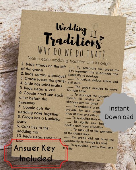 Wedding Tradition Why Do We Do That? Bridal Game Instant download  Printable Fun Icebreaker Game, Cards, Sign. Wedding Funny Rustic Kraft by NaNaPrintables on Etsy Work Bridal Shower Games, Co Ed Wedding Shower Games, Coed Bridal Shower Ideas, Bridal Shower Ideas Decorations At Home, Bridal Shower Game Prizes, Unique Bridal Shower Games, Bridal Shower Game Ideas, Wedding Traditions Game, Brunch Games