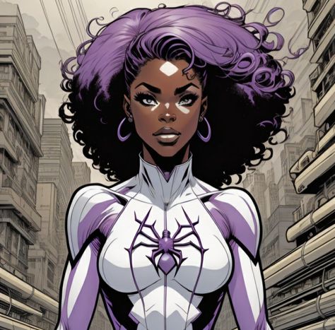 Purple and white spiderwoman, Ai generated, Black woman, Super hero, App: Imagine Black Women Spiderman, Purple Spiderwoman, Black Spiderwoman Oc, Fem Spiderman, Black Spiderwoman, Purple Spiderman, Black Super Hero, Marvel Character Design, Black Pfp