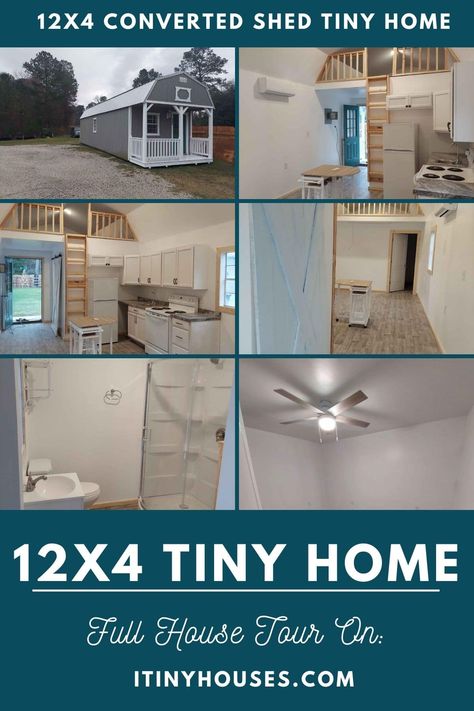 This 12x40 converted shed tiny home is a great family home with a small footprint! Three sizable sleeping areas including main floor bedroom! 12x40 Tiny House Ideas, 12x40 Tiny House, 12x40 Tiny House Floor Plans, 12x40 Shed House, 12x40 Shed House Interior, Shed House Interior, Rv Shelter, Converted Shed, Pocket Neighborhood