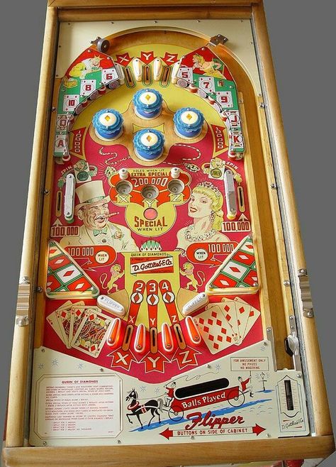 1959 Queen of Diamonds "Gottlieb" Pinball Machine Vintage Pinball Machines, Flipper Pinball, Pinball Art, Queen Of Diamonds, Vintage Arcade, Pinball Wizard, Retro Arcade Games, Arcade Game Machines, Pub Games