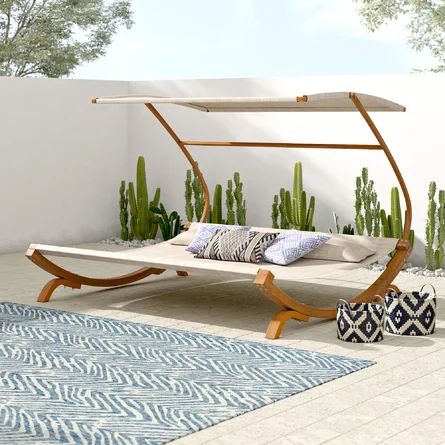 Mistana™ Tillis 81" Wide Outdoor Teak Patio Daybed with Cushions | Wayfair Teak Chaise Lounge, Outdoor Cabana, Double Chaise Lounge, Patio Daybed, Outdoor Daybed, Chaise Lounges, Day Bed, Outdoor Chaise Lounge, Teak Outdoor