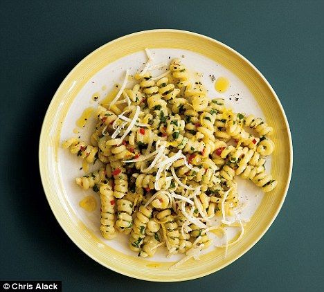 Recipe: Riccioli with lemon and chilli | Daily Mail Online Chilli Flakes, Daily Mail, Macaroni And Cheese, Hold On, Lemon, Herbs, Pasta, Ethnic Recipes, Macaroni Cheese