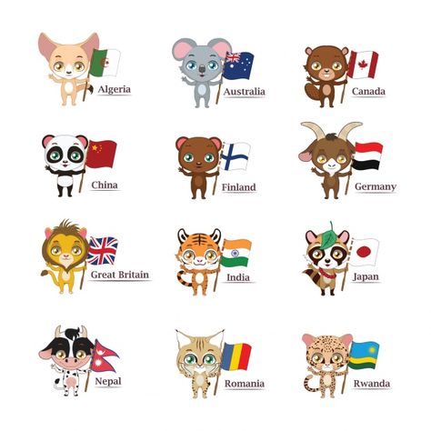 Animals and flags collection Free Vector National Animals Of Countries, Japanese Lion, Vector Animals, National Animal, Quirky Illustration, Aesthetic Shop, About Animals, Baby Gift Basket, Mascot Design