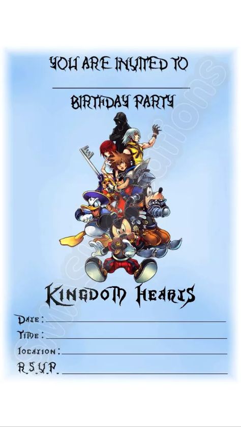 Kingdom Hearts party invitations from eBay. Kingdom Hearts Birthday Party, Kingdom Hearts Party, Kingdom Hearts Birthday, Hearts Birthday Party, 18th Bday, Kingdom Heart, Heart Diy, Heart Party, Pony Birthday